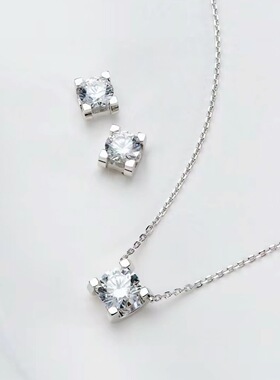 一克拉牛角 四爪钻项链经典925纯银高碳钻银项链简约百搭气质耳钉