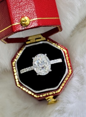 S925纯银 2克拉鸽子蛋仿真钻戒指人工宝石钻戒婚礼镶嵌轻奢小众