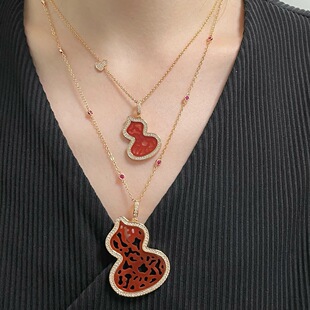 v金精工版红葫芦项链18K厚金电镀蕾丝花纹吊坠项链毛衣链大号葫芦