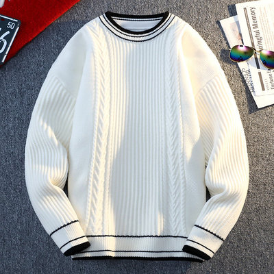 毛衣男款冬季2024新款圆领针织衫男士条纹拼色打底衫加厚保暖线衣