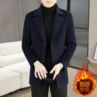 秋冬季西装领单面呢子外套男士商务休闲加棉加厚青年短款修身风衣