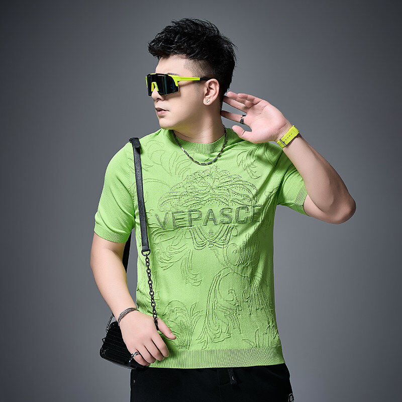 男式针织短袖T恤夏季高端修身冰丝圆领上衣薄款休闲格子半袖体恤