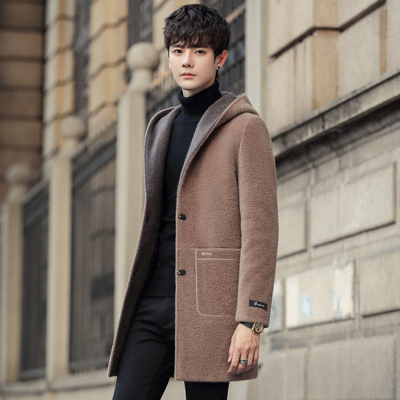 2024冬外套男士金貂绒毛呢大衣连帽韩版中长款加绒加厚毛呢风衣男