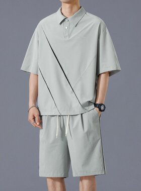 高品质夏款男套装polo衫T恤拉链条纹五分短裤短袖运动套装两件套