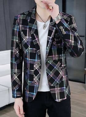 高品质男士西服韩版修身便服单西外套时尚春秋格子小西装上衣男