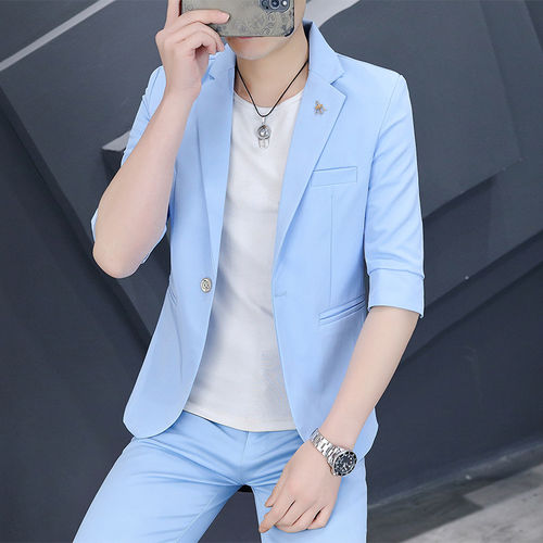韩版修身中袖西装套装男士夏季休闲轻薄透气七分袖西服裤子两件套