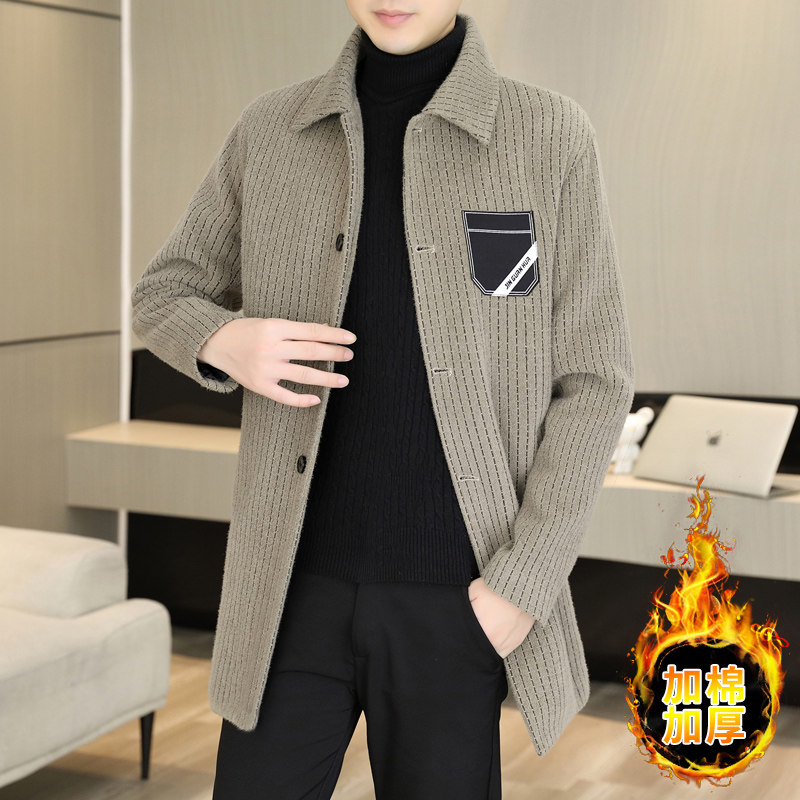 冬季加棉加厚中长款条纹毛呢大衣男士翻领休闲高级感呢子风衣外套