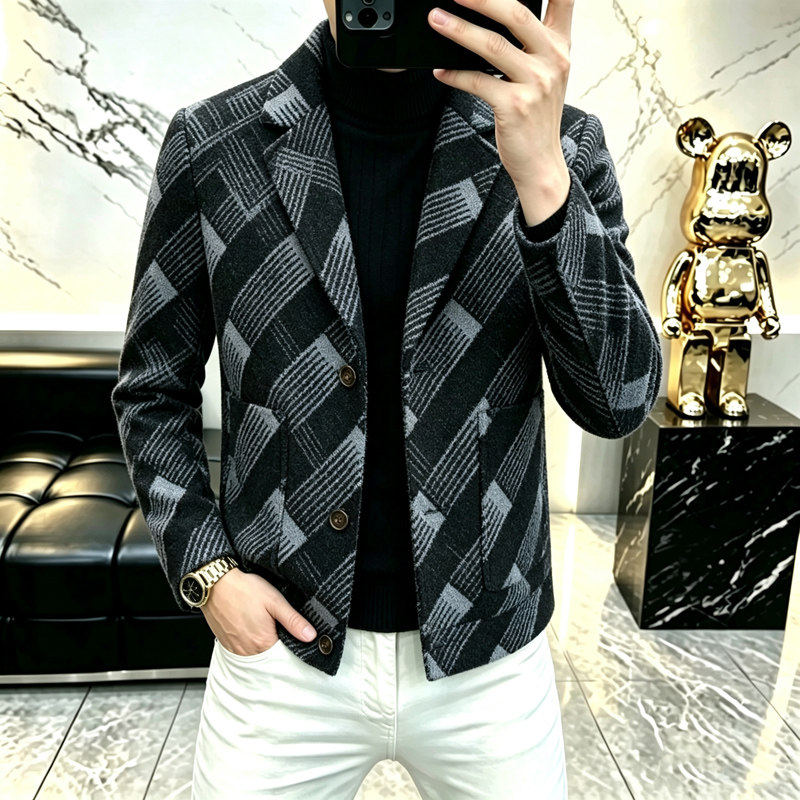 秋冬季加厚毛呢子风衣男士西装领短款条纹休闲呢子夹克修身外套潮