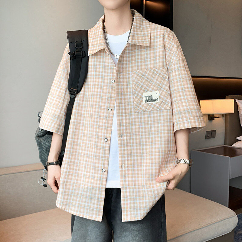 短袖衬衫男无领纯棉夏季七分中袖寸衫休闲韩版宽松立领五分袖衬衣