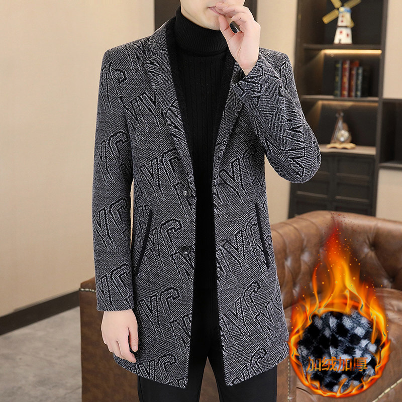 西装领中长款毛呢大衣男士秋冬季潮牌加绒加厚呢子外套冬装风衣男