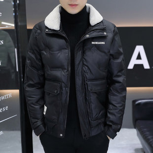 男士冬季加厚翻领PU皮棉衣韩版修身高品质棉服青年可拆卸毛领袄子