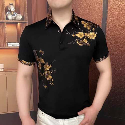 轻奢烫金夏POLO衫翻领帅气商务休闲夏季半袖男士时尚潮流修身短袖
