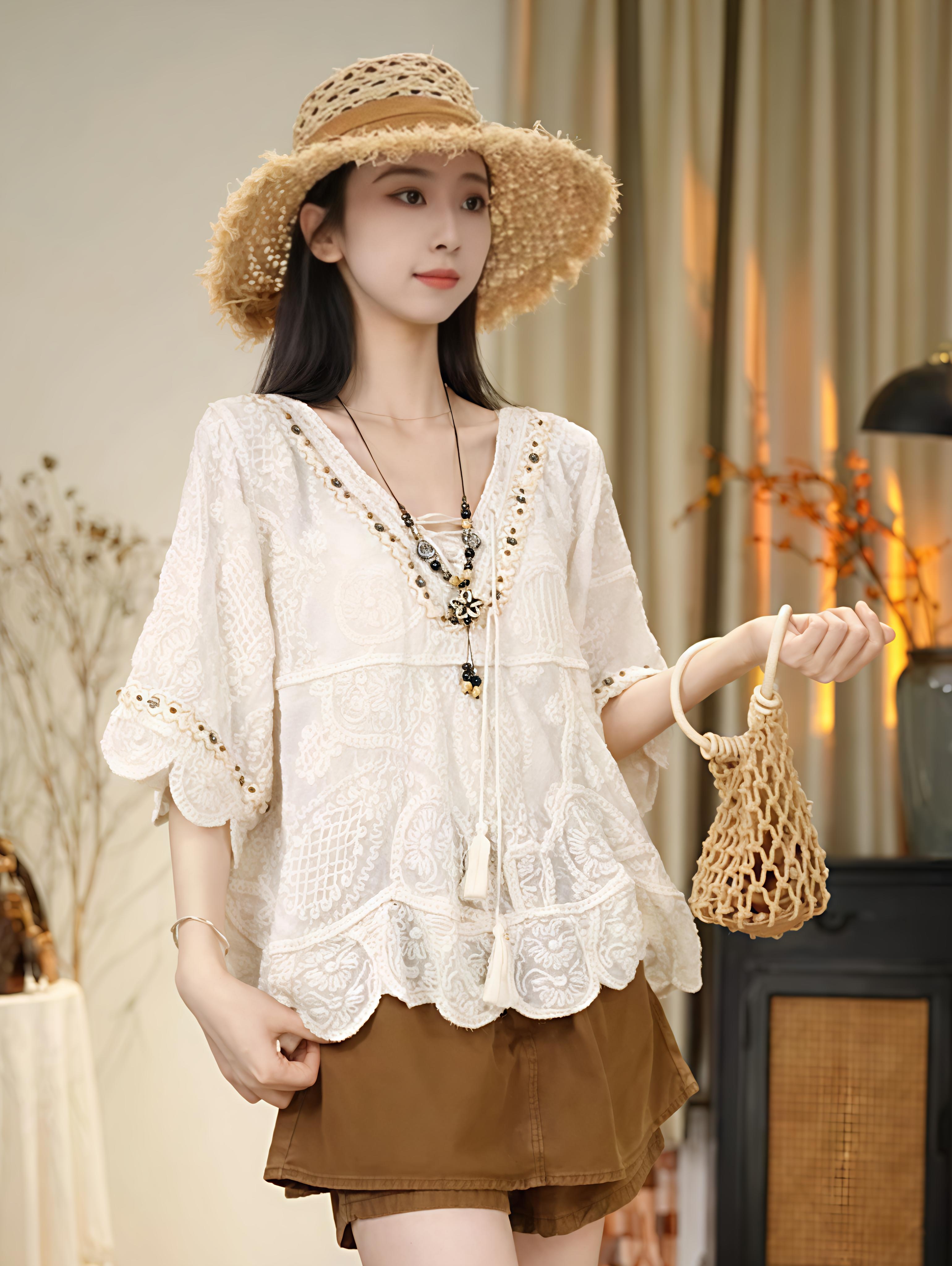 度假风新中式国风夏季短袖系列V领绑定重工刺绣休闲针织衫上衣潮