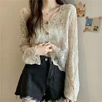 The new stylish V-neck hook-patterned openwork cardigan, lace blouse, long-sleeved Korean-style loose sun-protective garment for early spring 2022 thumbnail 3