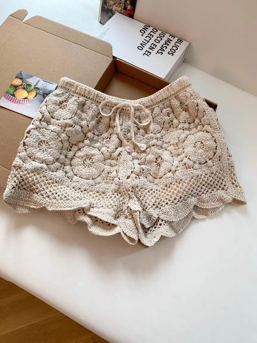 工厂店推荐~美拉德甜美风松紧腰镂空休闲针织阔腿短裤女夏季热裤