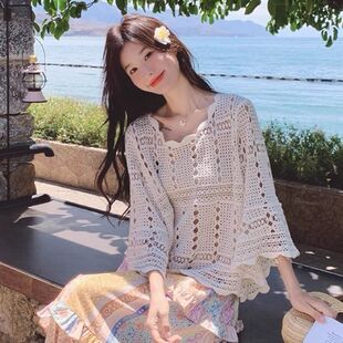 法式喇叭袖镂空编织钩花针织衫女夏装七分袖慵懒宽松外穿防晒罩衫