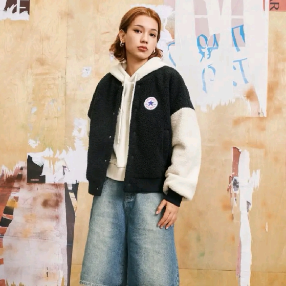 Converse女学院风仿羊羔绒拼色舒适运动夹克10025206-A01