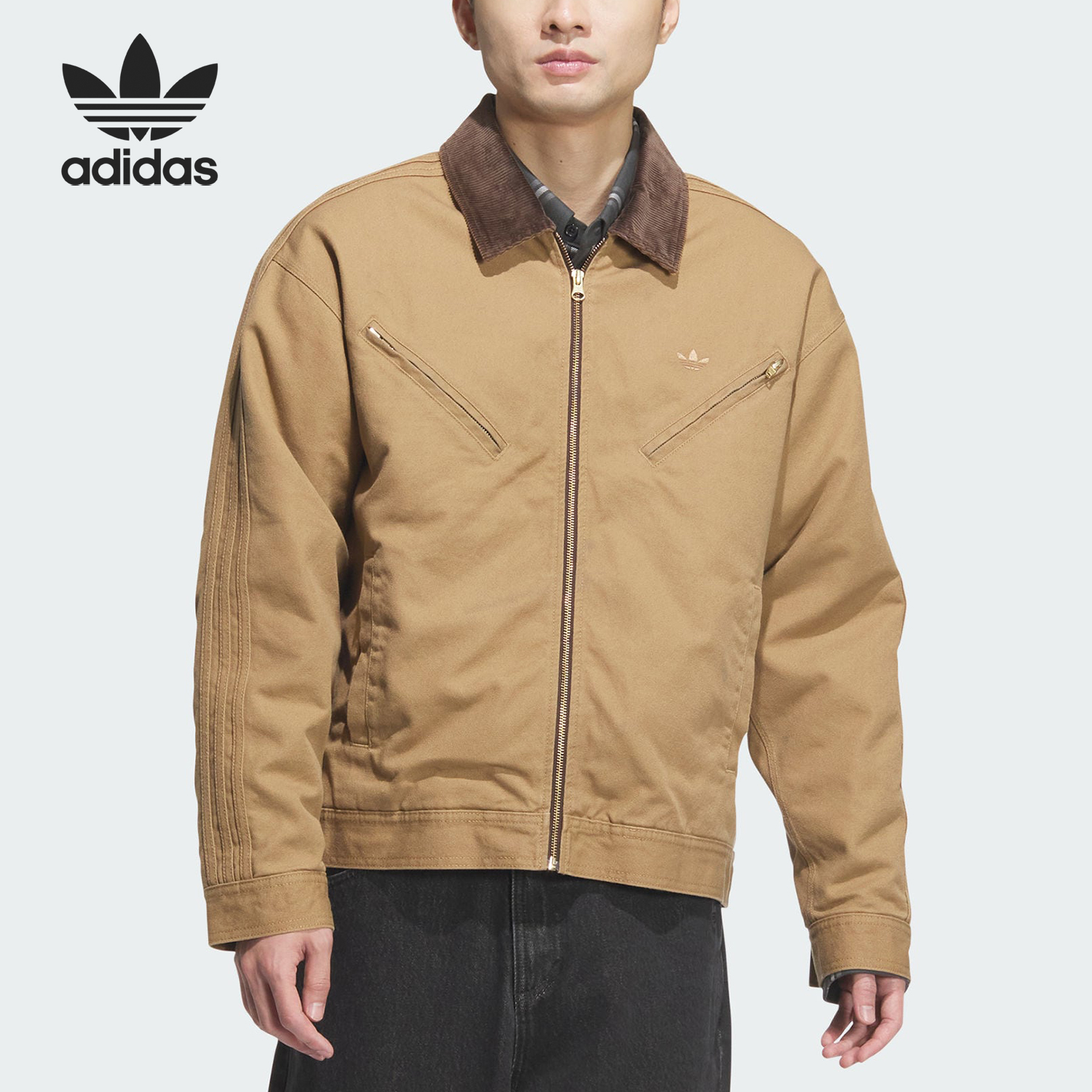 Adidas阿迪达斯三叶草男女复古翻领保暖宽松棉服外套JW9576