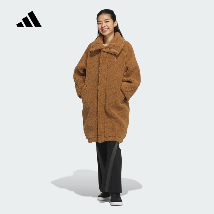 adidas阿迪达斯仿羊羔绒外套2024冬女长款蓬松抓绒针织夹克JX6835