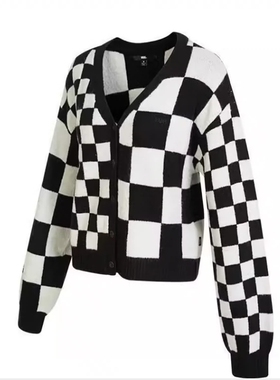 VANS范斯女子运动时尚黑白棋盘格毛衣针织休闲外套 VN00042MBLK
