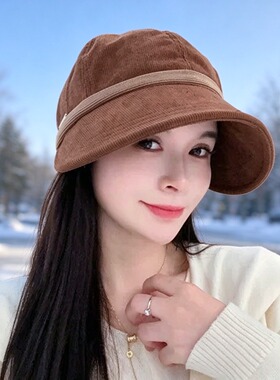 遮阳爆款帽子女秋冬季网红百搭赫本风鸭舌帽可挂口罩保暖护耳盆帽