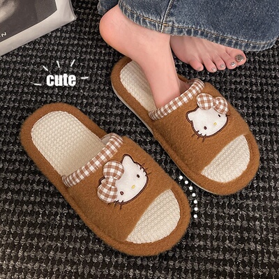 Kitty猫亚麻软底防滑女拖鞋