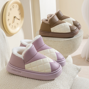 冬天新款 PU防水包跟棉拖鞋 女士冬天保暖厚底居家室内情侣防滑棉鞋