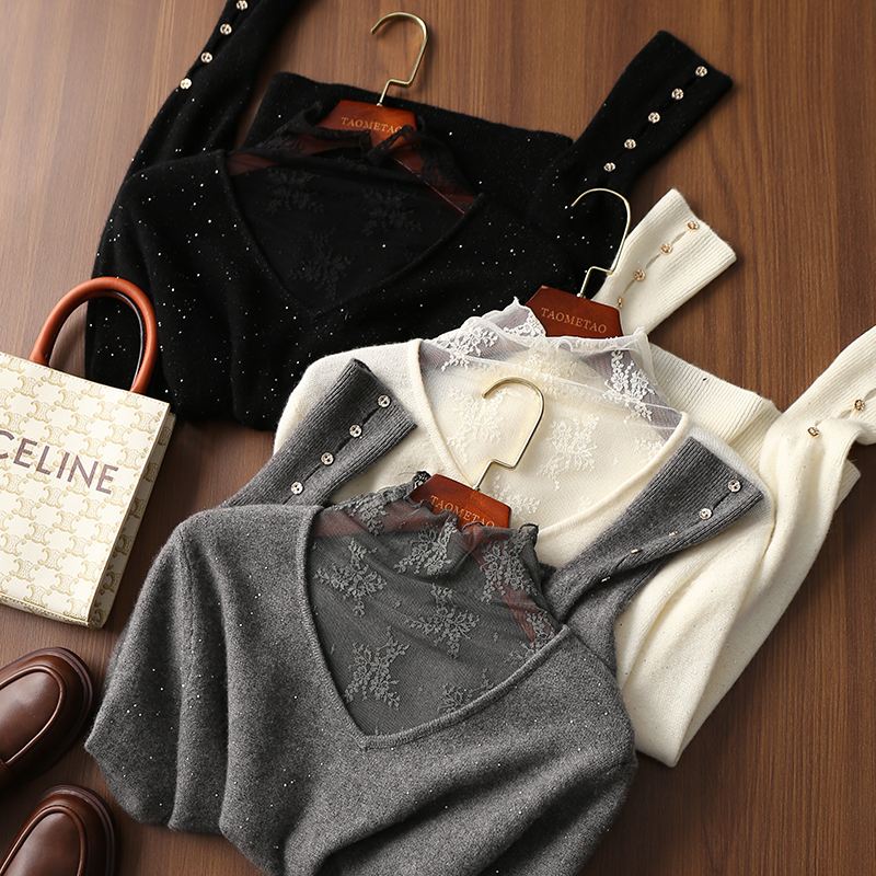 淘么淘 贵气精致！绵羊毛+羊绒+特种动物毛蕾丝拼接打底针织衫女