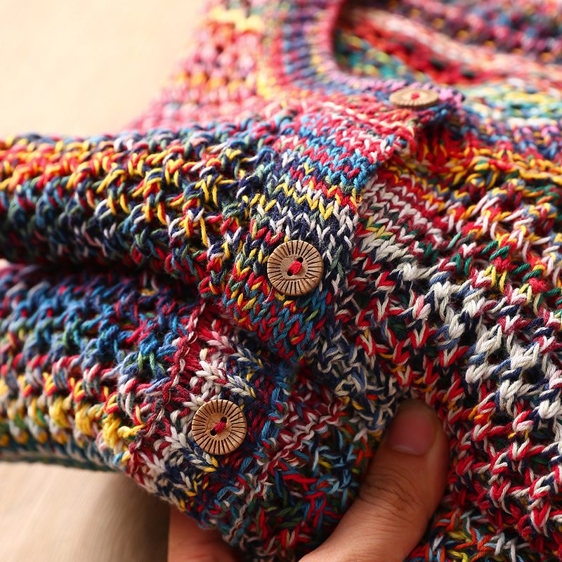 淘么淘 多巴胺穿搭 彩虹棉纱镂空挑孔宽松针织开衫/套衫/马甲新款