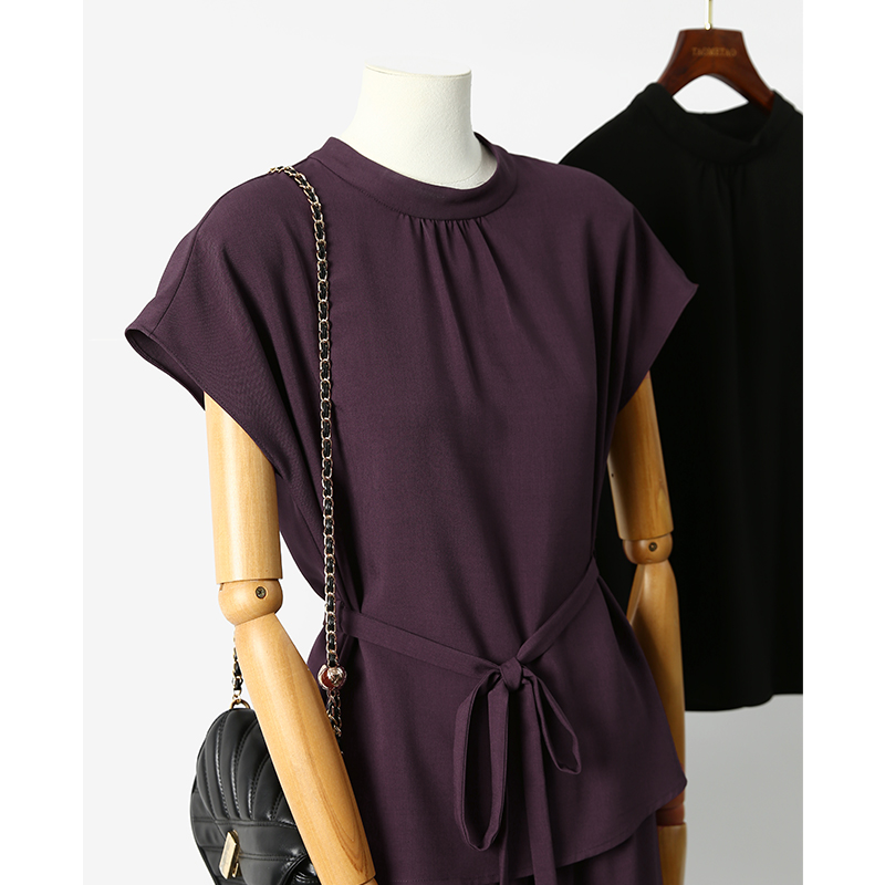 【折】高阶通勤时髦 气质系带收腰立领飞飞袖上衣+阔腿裤女套装