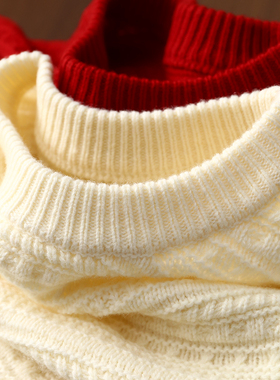 淘么淘 复古感浓郁！纯羊毛提花肌理感圆领宽松红色针织衫毛衣女