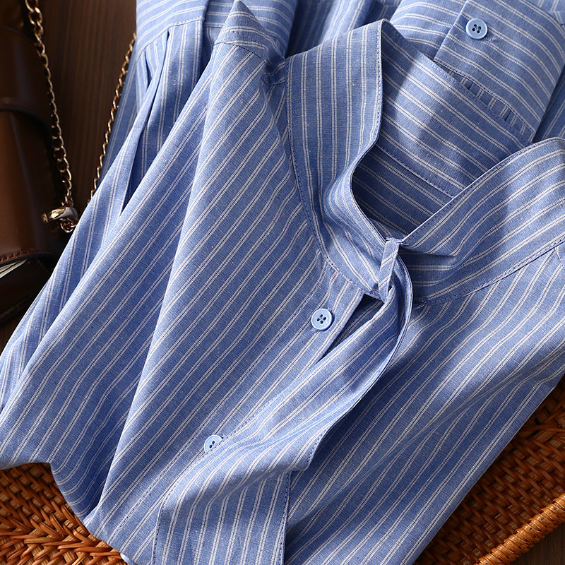 淘么淘 高智女主 法式气质上衣飘带领棉麻撞色条纹衬衫女2026早春