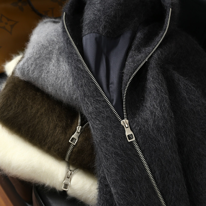 淘么淘【皇室羊绒羊毛拉毛】高克重宽松拉链连帽短款毛呢大衣外套