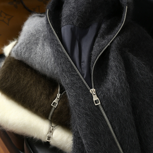 淘么淘【皇室羊绒羊毛拉毛】高克重宽松拉链连帽短款毛呢大衣外套