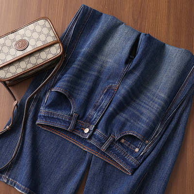 淘么淘 法式Easy chic！ 腰头明线边高腰显瘦阔腿微喇牛仔裤女春