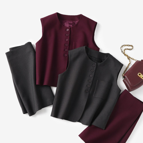单口袋单排扣圆领马甲+半裙套装