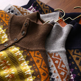 翻领针织马甲背心女新 费尔岛提花羊毛羊绒高领 淘么淘 潮搭单品