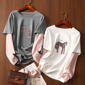 撞色假两件字母印花宽松圆领长袖 淘么淘 新年限定小马T T恤女春新