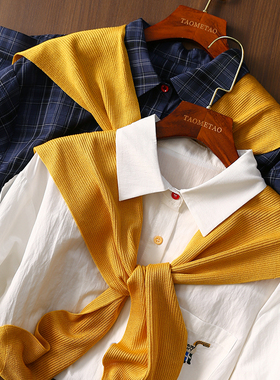 淘么淘 衣品瞬间up！小马刺绣彩扣翻领宽松衬衫上衣女+针织披肩