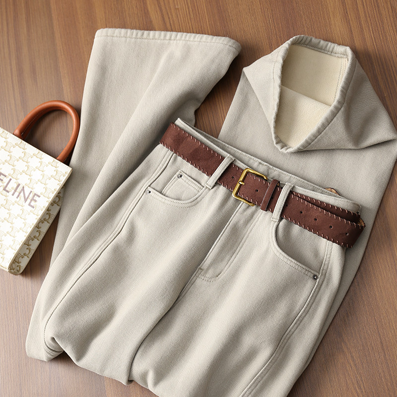 淘么淘 巨时髦奶茶色！纯棉加绒保暖斜拼边宽松阔腿牛仔裤女+腰带,女装/女士精品,牛仔裤,淘宝优惠券,粉丝福利购,淘宝优惠卷