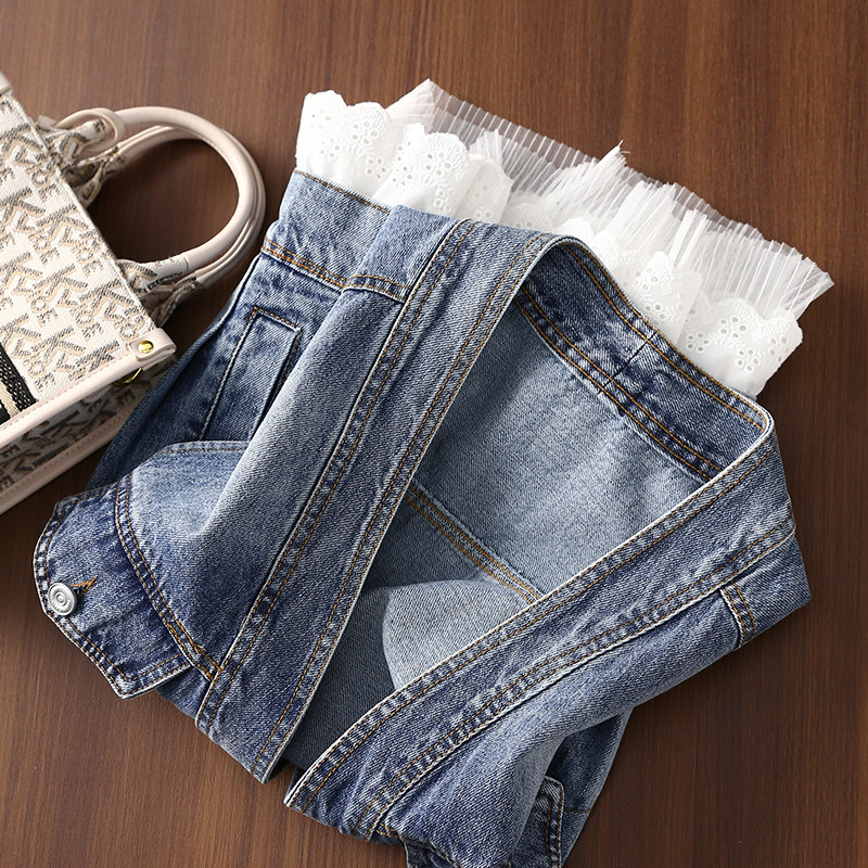 淘么淘&nbsp;美出新高度！气质V领蕾丝花边拼接下摆牛仔背心马甲女新