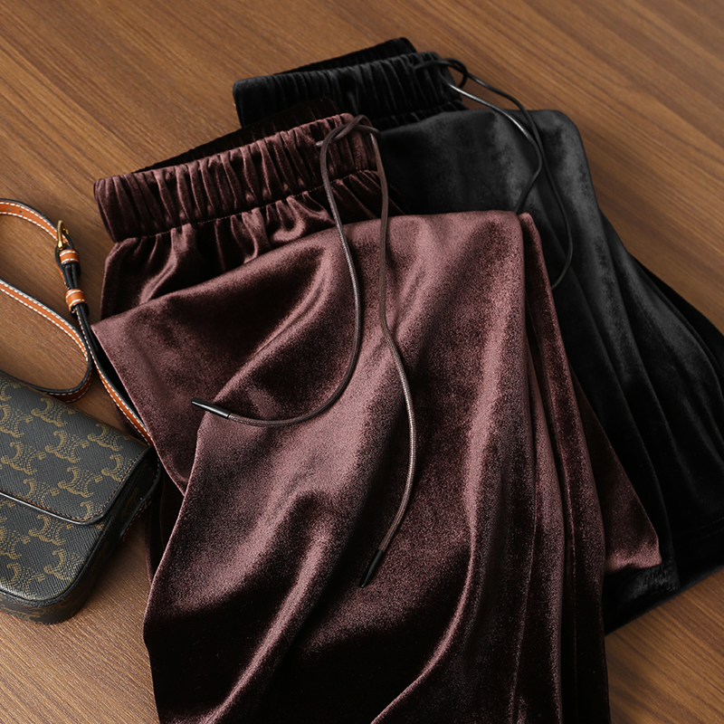 淘么淘 时髦气质 奢华丝绒光泽抽绳松紧高腰加绒休闲直筒阔腿裤女