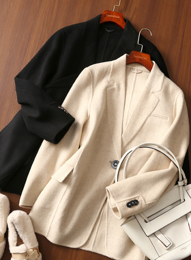 淘么淘 高智lady感！山羊绒+绵羊毛西装领宽松双面毛呢西装外套女