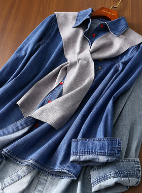 淘么淘 衣品瞬间up！小马刺绣折边口袋翻领牛仔衬衫女+针织披肩春