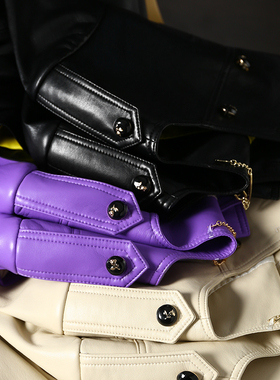 【折】JIN口柔软环保PU皮肩章双排扣短款圆领皮衣外套女2024新款