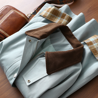 淘么淘 时髦大洒脱 高密斜纹棉宽松撞色灯芯绒翻领风衣外套女新款