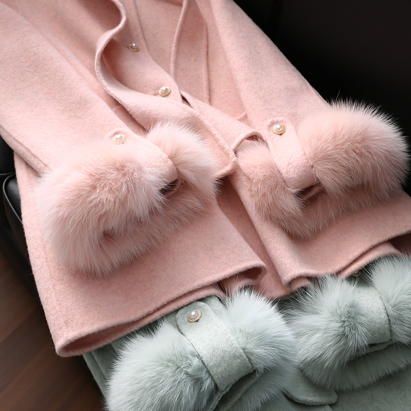 淘么淘 优雅高奢线 大千金气质宽松长飘带狐狸毛羊毛双面呢大衣女