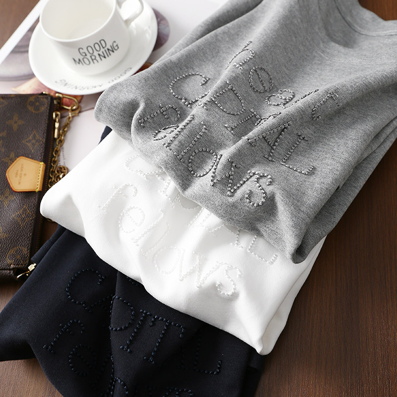 淘么淘 小众设计款 立体字母中空绣褶皱收腰正肩圆领短袖T恤女新