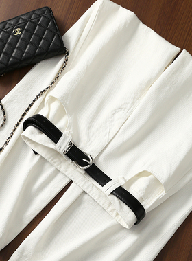 淘么淘【时髦白牛】设计感花朵提花天丝+棉直筒阔腿牛仔裤女+腰带