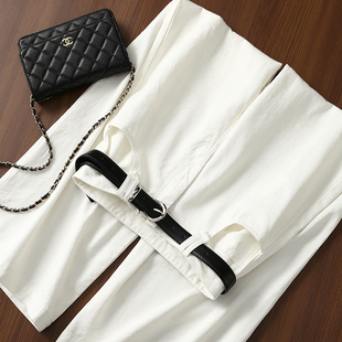 棉直筒阔腿牛仔裤 淘么淘 时髦白牛 设计感花朵提花天丝 腰带 女